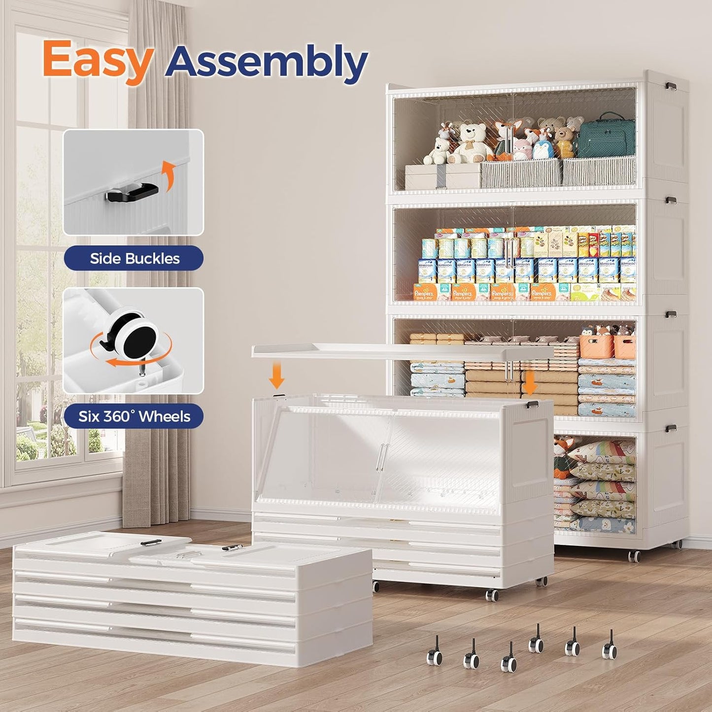 320GAL Extra Large Storage Bins with Lid, 1280QT Collapsible Organizer with Wheels, Stackable Closet Cabinet with Doors, Folding Storage Containers for Home, Office, Dorm, 4Pack White