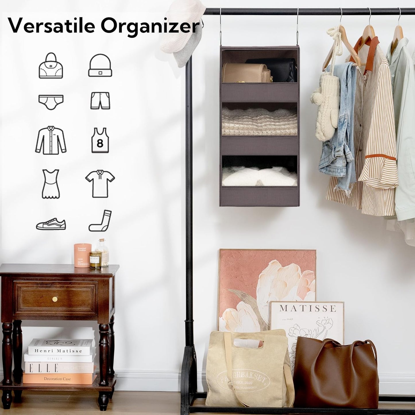 GRANNY SAYS 3-Shelf Closet Organizers and Storage, Foldable Hanging Closet Organizer, Hanging Closet Shelves with 2 Metal Hooks, Leak-Proof Hanging Shelves for Closet, Bedroom, RV, Camper, Dark Brown