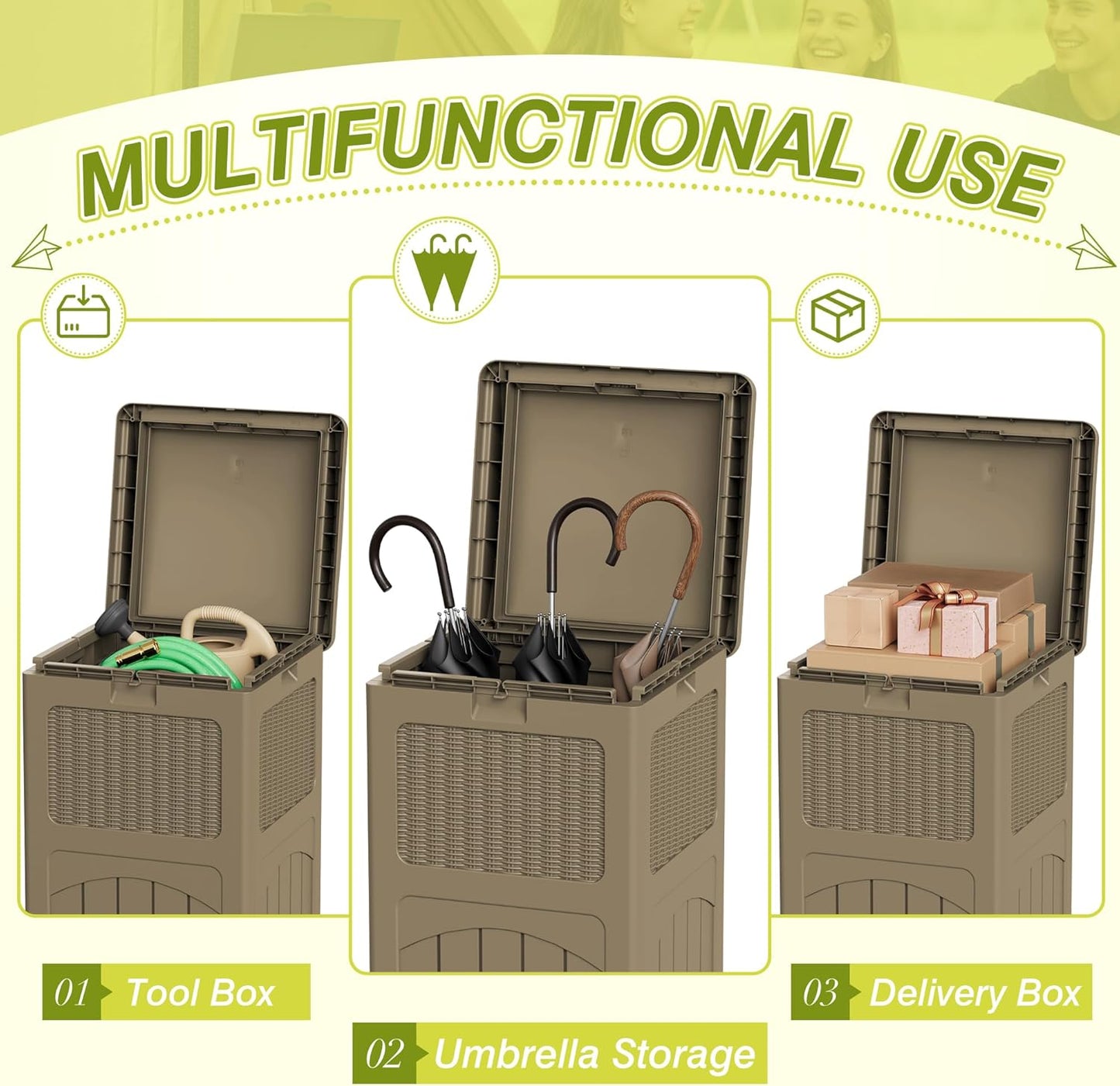 Greesum 33 Gallon Resin Outdoor Trash Can with Lid, Waterproof Resin Garbage Bin for Hideaway, Patio, Deck, 3 Pack, Light Brown