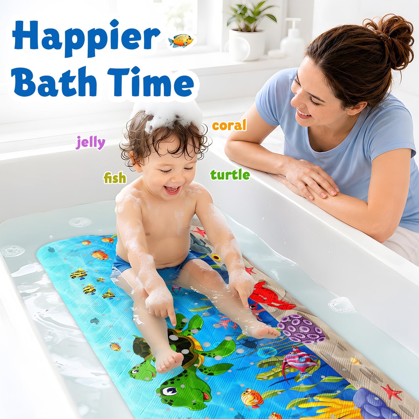 XIYUNTE Baby Bath Mat for Tub Non Slip, BPA Free Extra Long Bathtub Mat Non Slip 40x16 with Drain