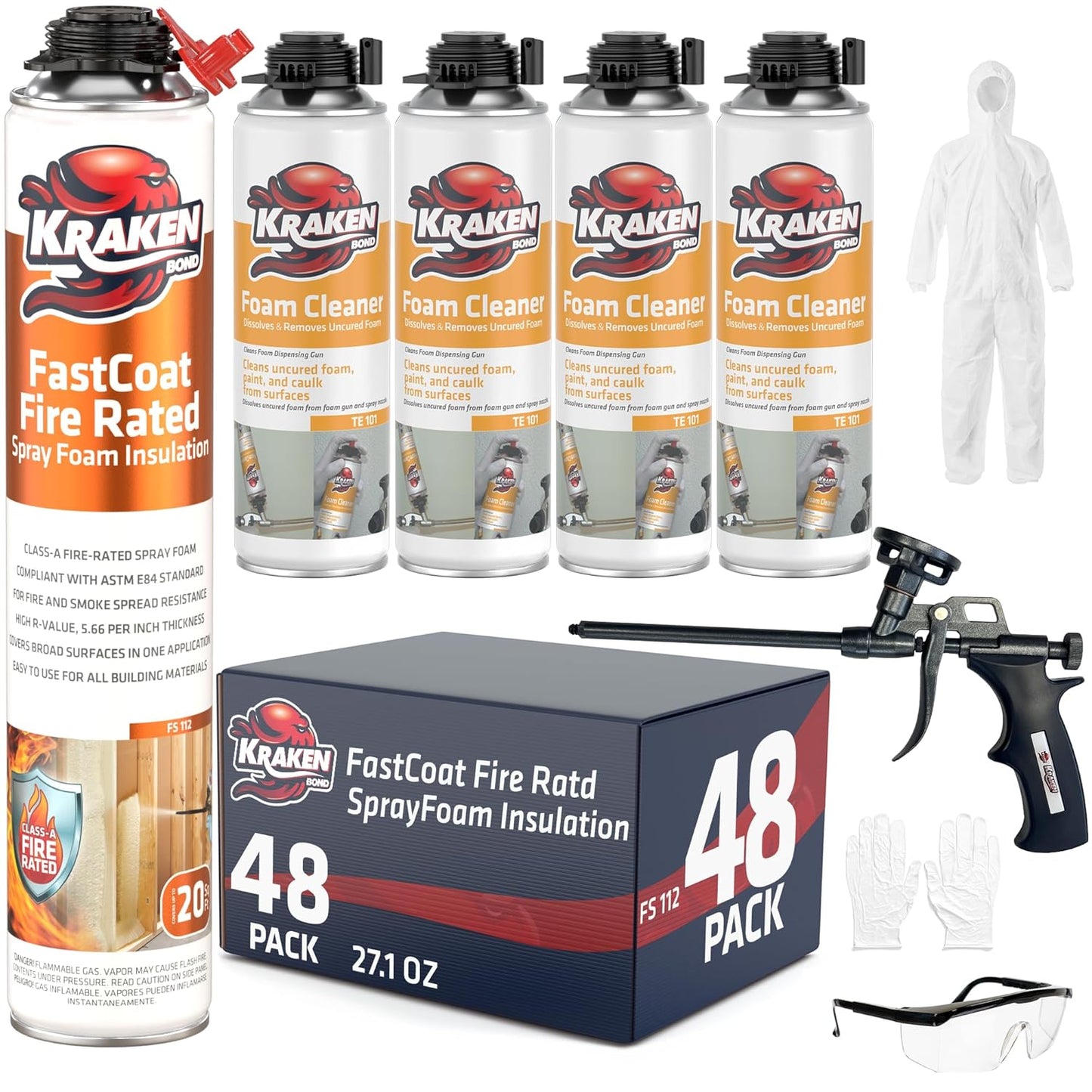 Kraken Bond Fastcoat Fire Rated Spray Foam Insulation (48x27.1 oz.) (R-Value 11.32 / 2in) Closed Cell Expanding Foam - Heat and Acoustic Insulation, 1 Gun & 4 Cleaner Included, 960 Board Ft, 48 Pack