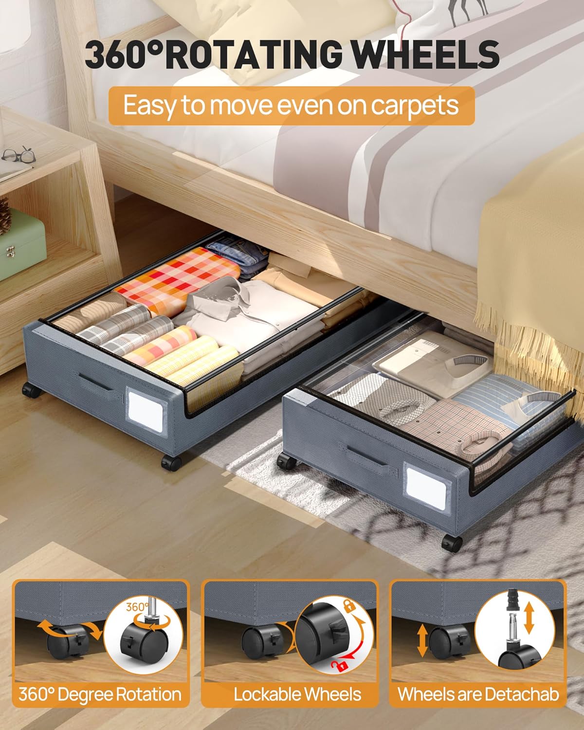 Under Bed Storage with Wheels, Square Under Bed Storage Containers, 60L Under The Bed Storage Bins, Rolling Metal Drawer for Clothes, Blankets, Shoes...