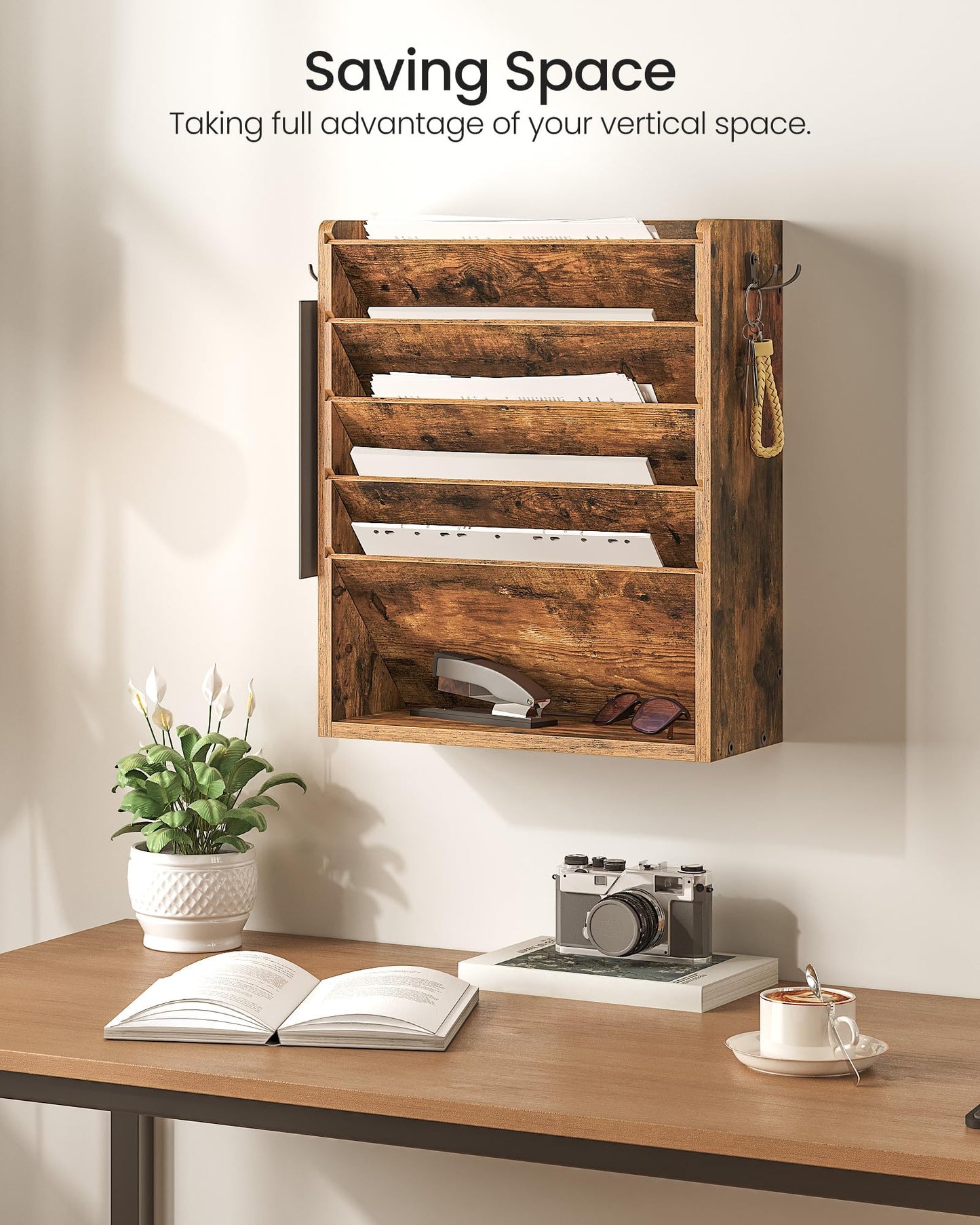CHOEZON Wall File Organizer, 6-Tier Vertical Mount Hanging Holder with 2 Side Hooks, Vintage Wooden
