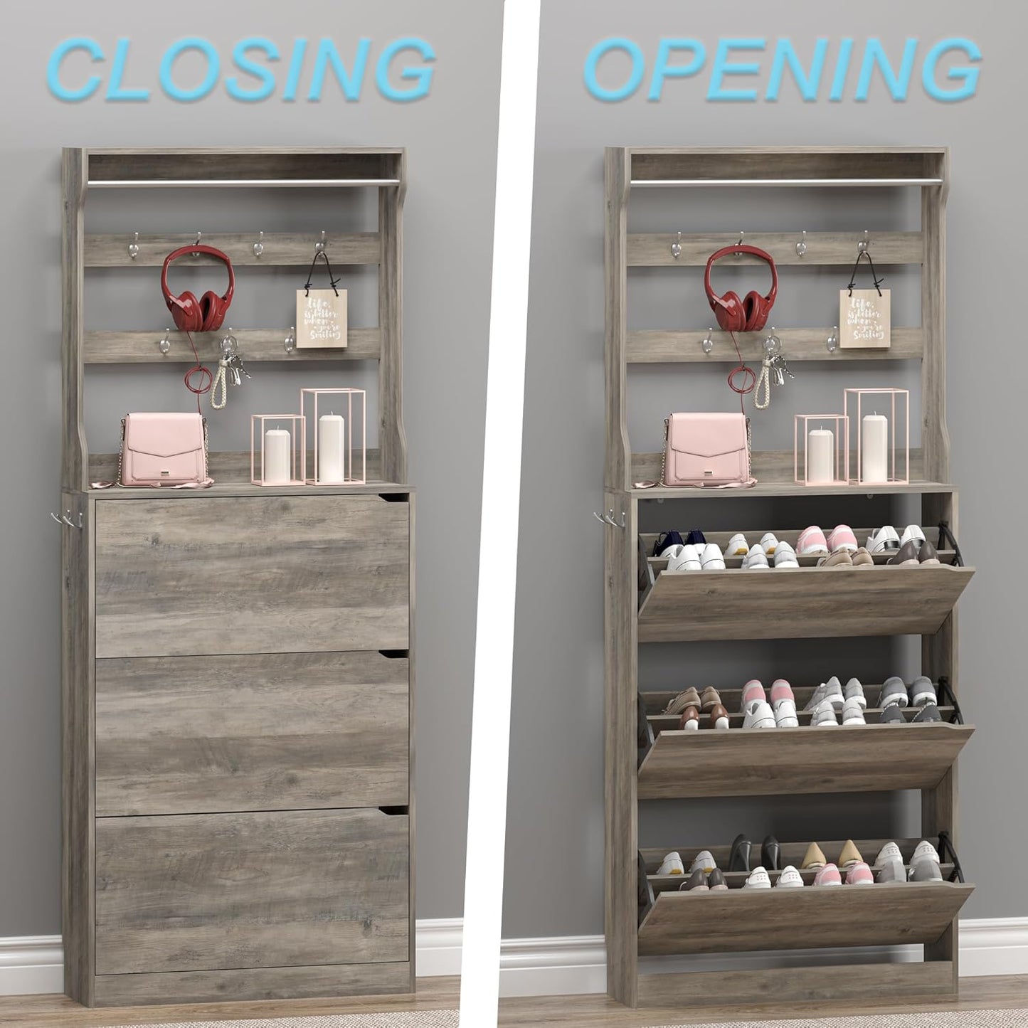 Shoe Cabinet with 3 Flip Drawers & Coat Rack, Narrow Hidden Shoe Storage Cabinet, 2-in-1 Hall Tree Slim Freestanding Shoe Rack Organizer for Entryway, Hallway, and Living Room