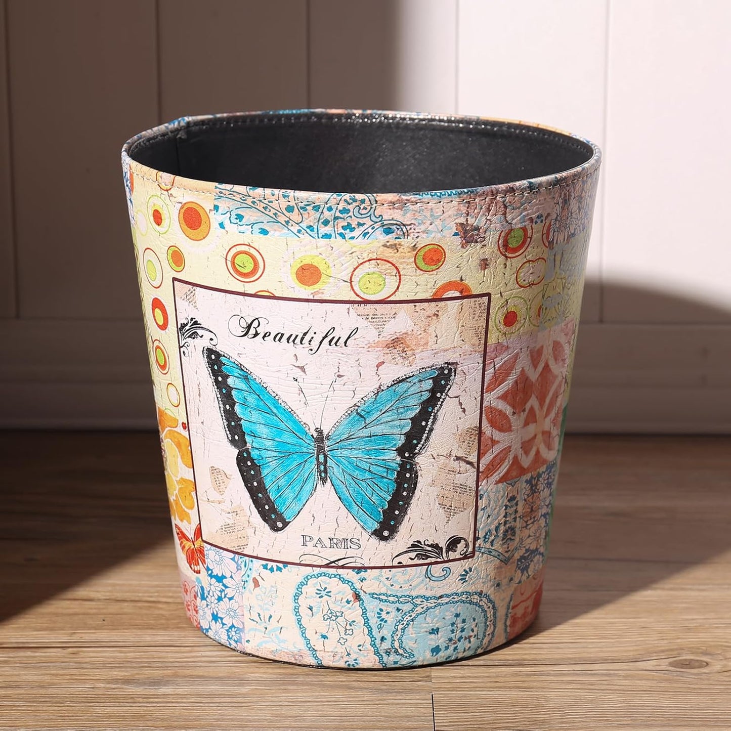 PU Leather Small Trash Can Wastebasket, Round Garbage Container Basket for Bathrooms, Laundry Room, Kitchens, Offices, Kids Rooms, Bedrooms,Dorms,Home Decorative Art Bin, 2.9 Gallon(Blue Butterfly)