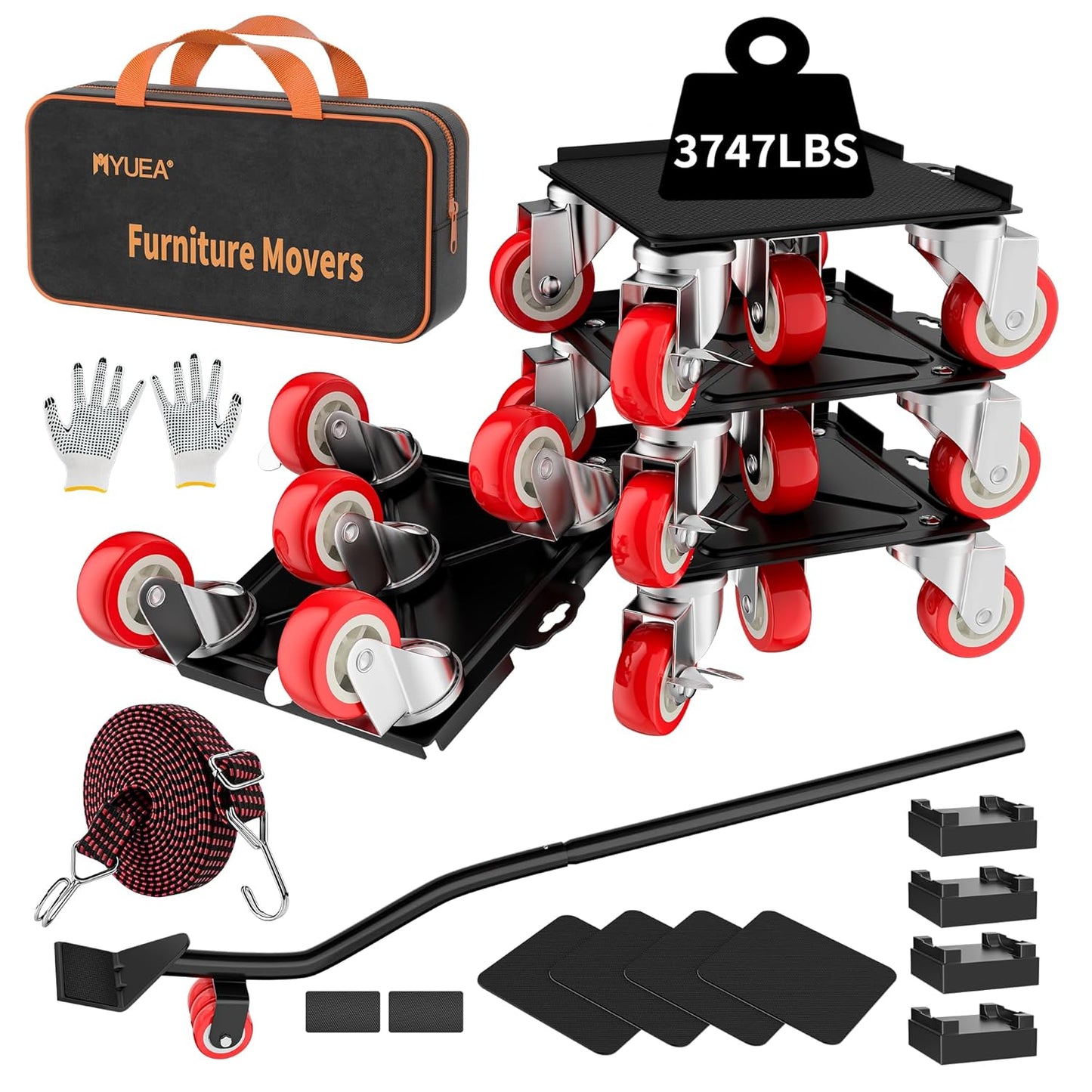MYUEA【Upgrade Large】 Furniture Dolly,Furniture Movers with 5 Wheels,Carbon Steel Panel Heavy Duty Dolly,Furniture Lifter with 5 360° Rotatable Rubber Universal Wheels,Maximum Load 3747 LBS(Oversize)