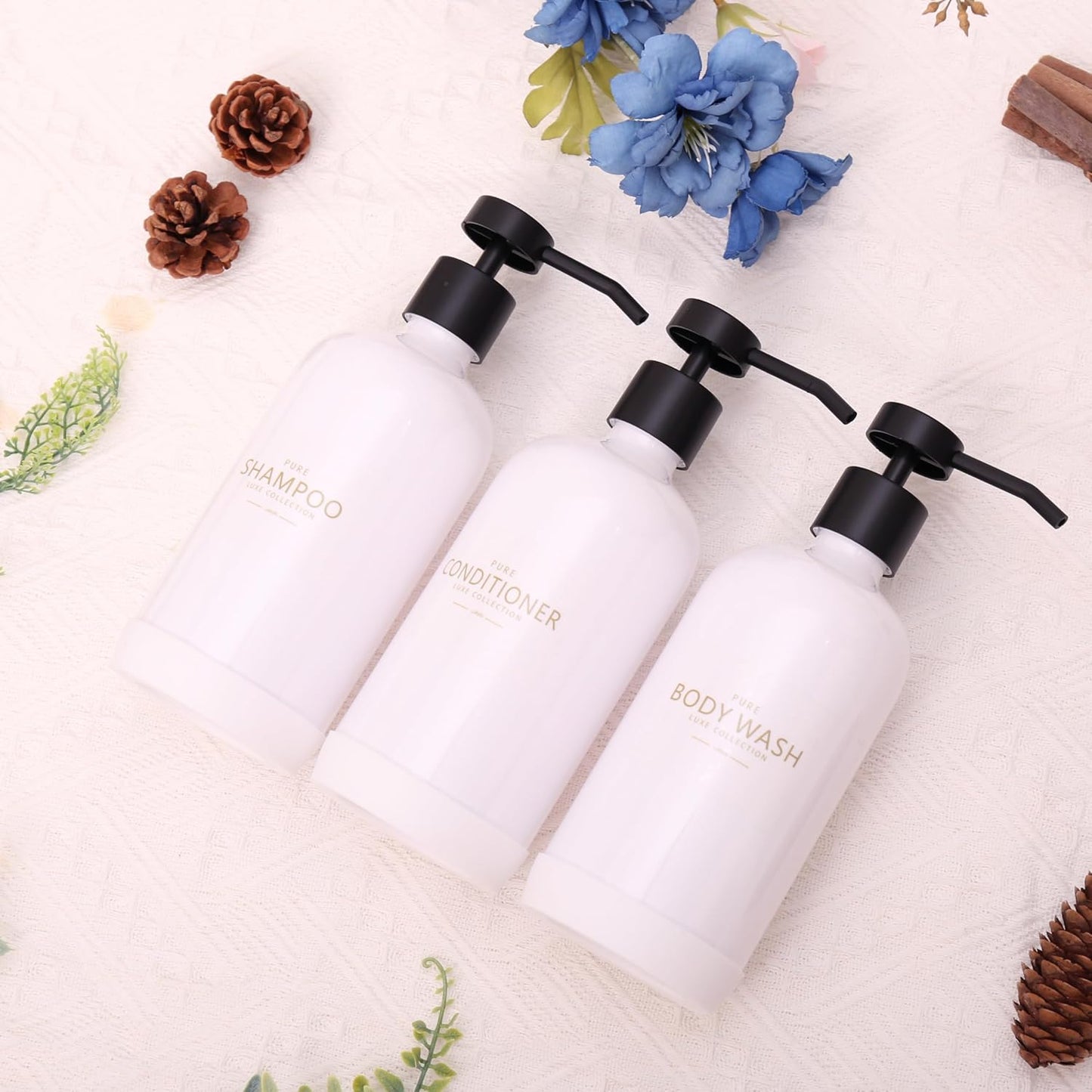 Shampoo and Conditioner Dispenser Set of 3,Refillable 21oz Shampoo Bottles with Non-Slip Protective Silicone Pad,Shower Soap Dispenser with Waterproof Labels for Bathroom (White)