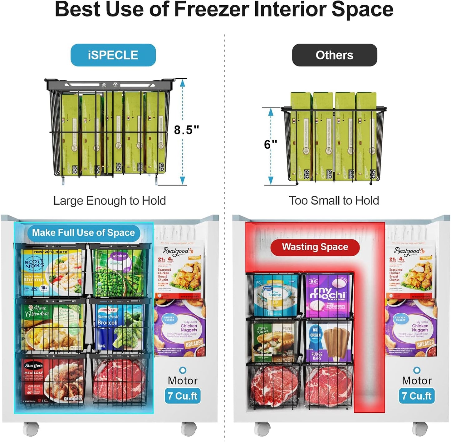 iSPECLE Freezer Organizer Bins - 4 Pack Adjustable & Extra Large Chest Freezer Organizer Bins for 5 to 9 Cu.Ft Deep Freezer, Easy Organize Basket Store More, Stackable No Wasted Space, Black