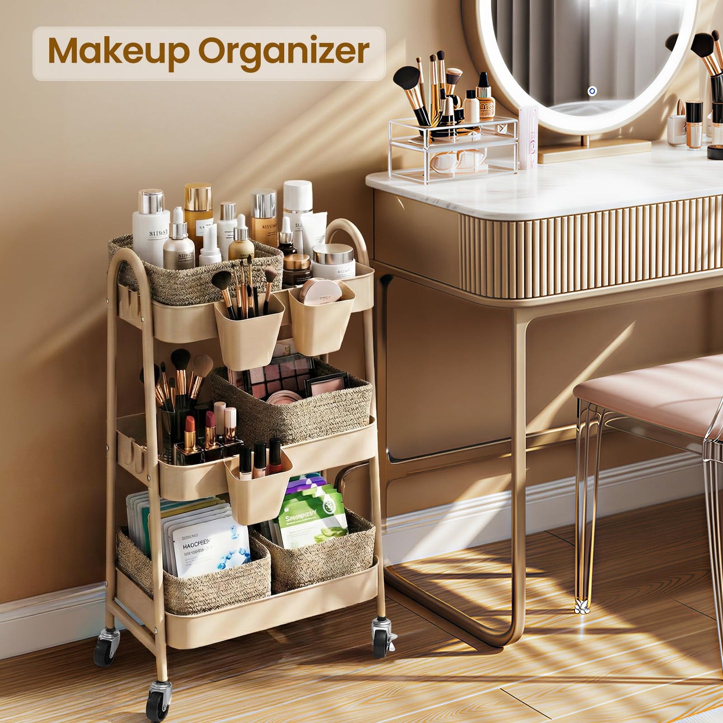 3-Tier Rolling Utility Cart with 4 Woven Baskets, Diaper Book Snack Cart, Storage Organizer for