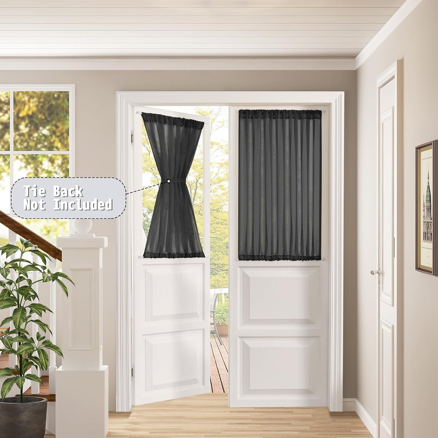 Tollpiz Short Sheer Curtains Closet Linen Textured Curtains Sheer Doorway Light Filtering Voile Patio Glass Door Rod Pocket Curtain French Door, 54 x 40 inches Long, Black, Set of 1 Panel