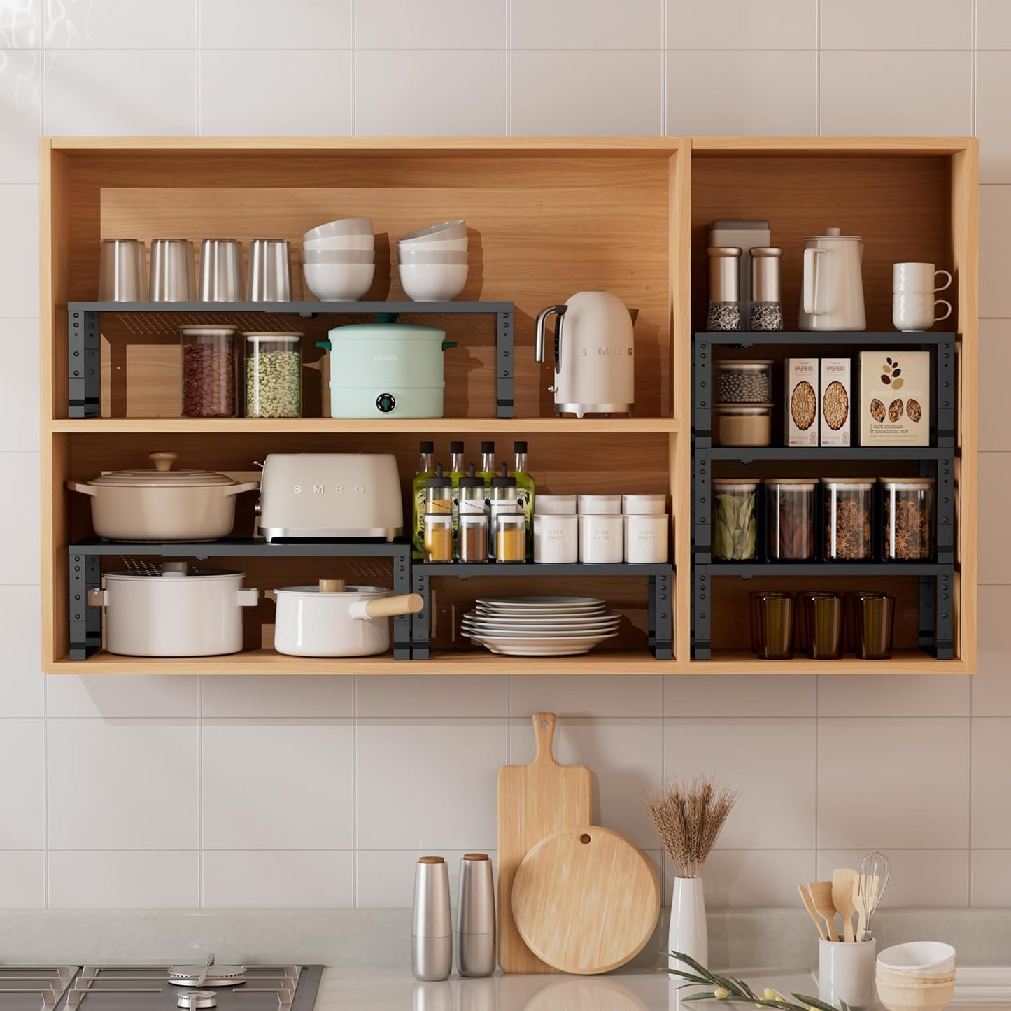 Metal Stackable Expandable Storage Shelf - Multi-Functional Home Storage Shelf, Suitable for Kitchen, Cabinet，Bathroom, Office, Garage, etc.（3PACKS/Black/Large