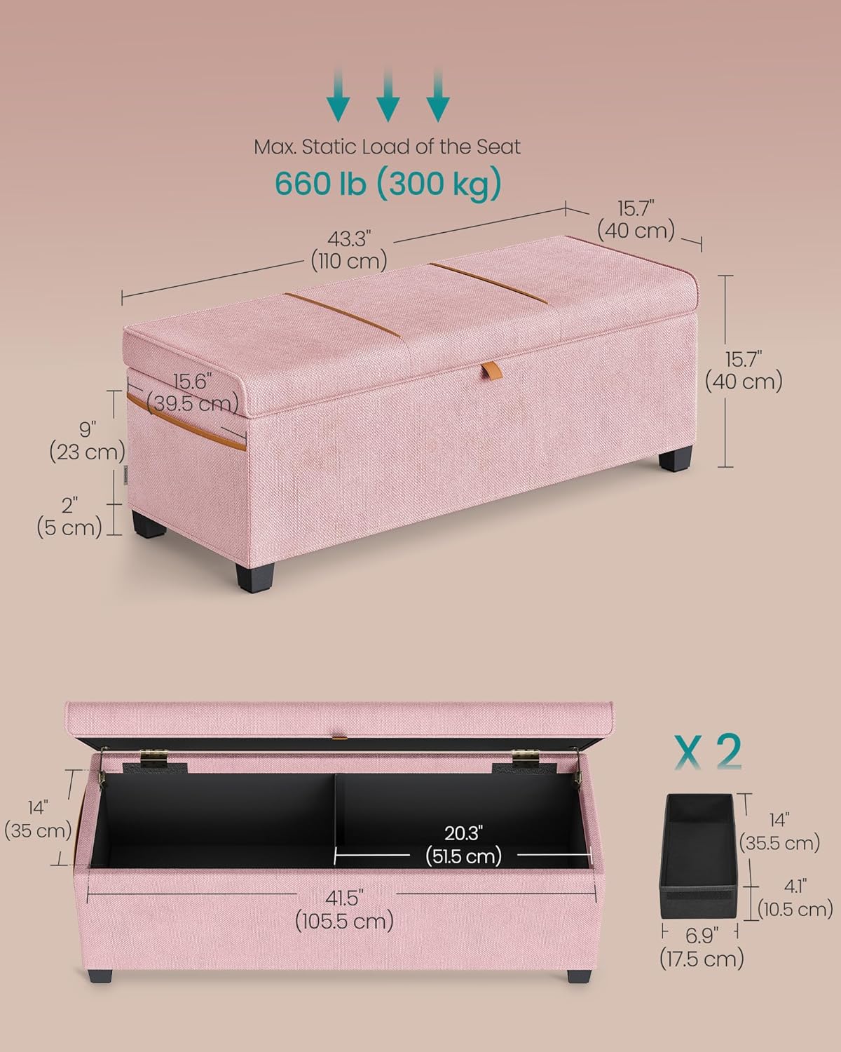 SONGMICS Storage Ottoman Bench, Storage Chest, 15.7 x 43.3 x 15.7 Inches, End of Bed Bench, 27 Gal. (103 L), for Bedroom, Entryway, Living Room, Jelly Pink ULSF533R01
