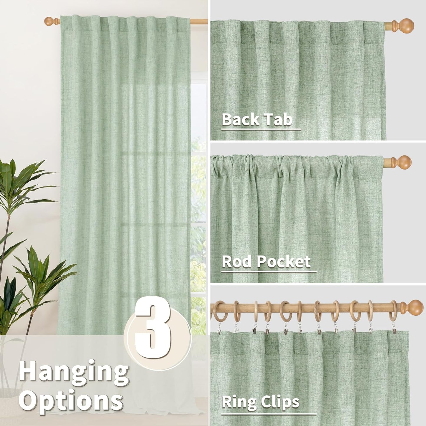 YoungsTex Sage Green Curtains 54 Inch Length for Kitchen, Light Filtering Semi Sheer Linen Window Drapes Rod Pocket Back Tab for Short Living Room Cafe, 2 Panels, 42 X 54 Inch