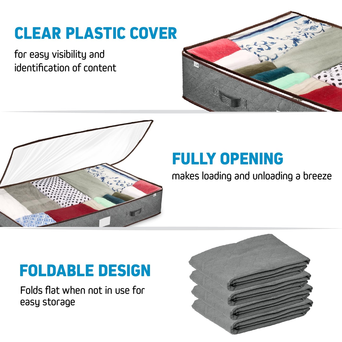 ZOBER Under Bed Storage Bags, Underbed Storage Containers, Gray, 90L 4-Pack
