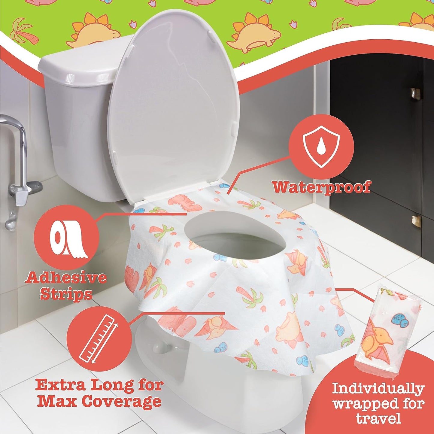 Toilet Seat Covers Disposable (20 pk, Dinosaurs) - XL Waterproof Toilet Cover for Toddlers, Kids & Adults - Portable & Individually Wrapped for Travel, Potty Training, Public Restrooms