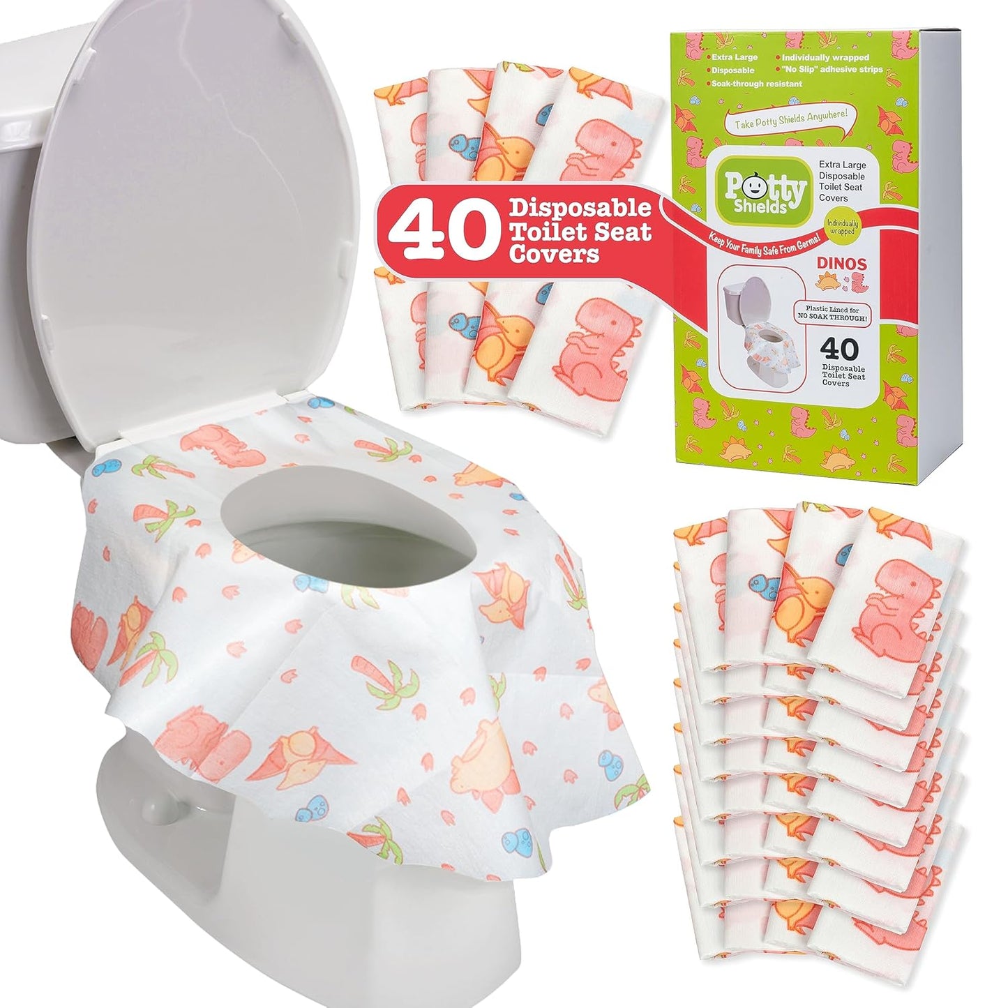 Toilet Seat Covers Disposable (40 pk, Dinosaurs) - XL Waterproof Toilet Cover for Toddlers, Kids & Adults - Portable & Individually Wrapped for Travel, Potty Training, Public Restrooms