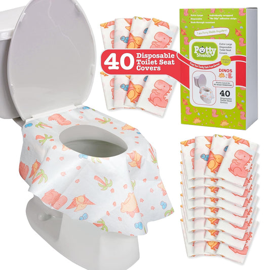 Toilet Seat Covers Disposable (40 pk, Dinosaurs) - XL Waterproof Toilet Cover for Toddlers, Kids & Adults - Portable & Individually Wrapped for Travel, Potty Training, Public Restrooms