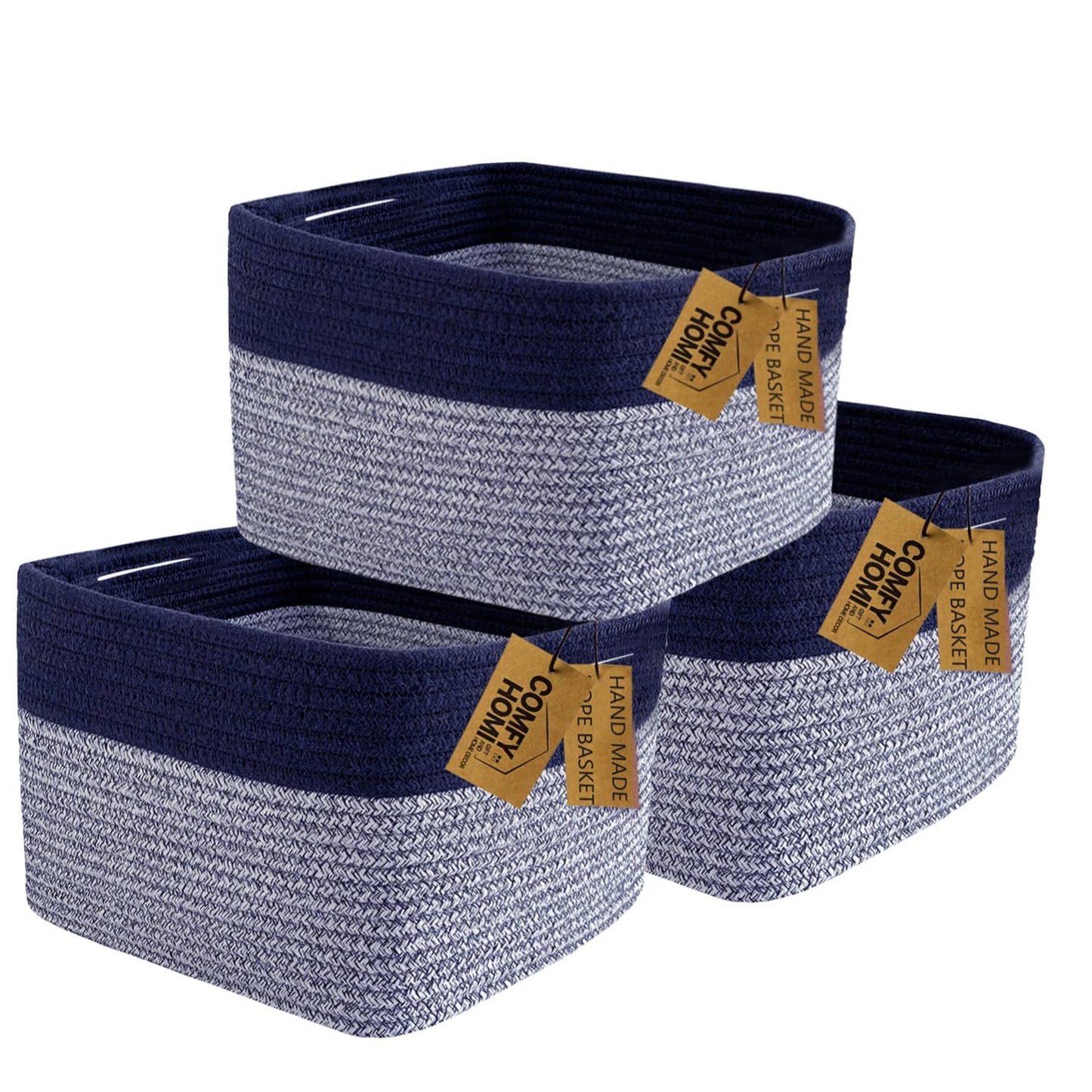 COMFY-HOMI 3PACK Rectangular Cotton Rope Basket With Handles for Shelves|Dog Toy|Baby Gift - Dark Blue (13.5" x 11" x 9.5")