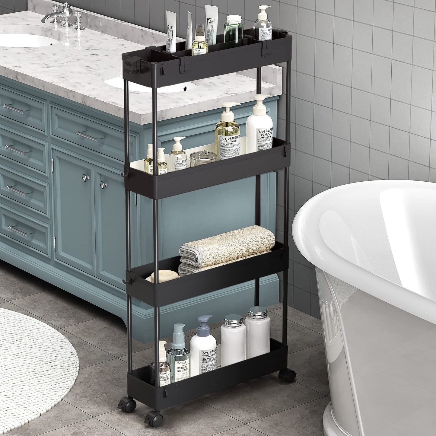 SPACELEAD Slim Storage Cart 4 Tier,Bathroom Organizer Rolling Utility,Mobile Shelving Unit Slide