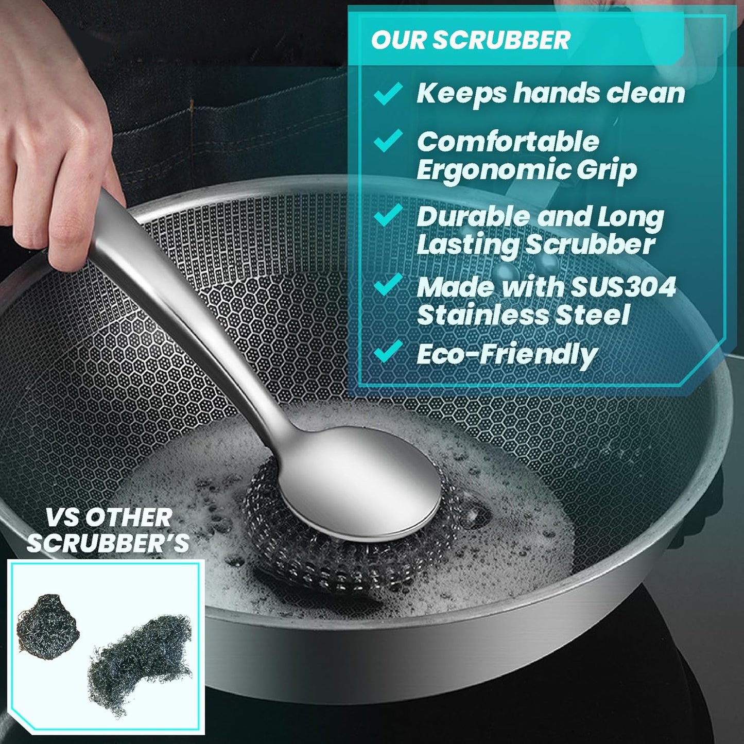 Steel Wool Scrubber Dish Brush Set with Handle, Deep Cleaning Scrubber Set, Silver