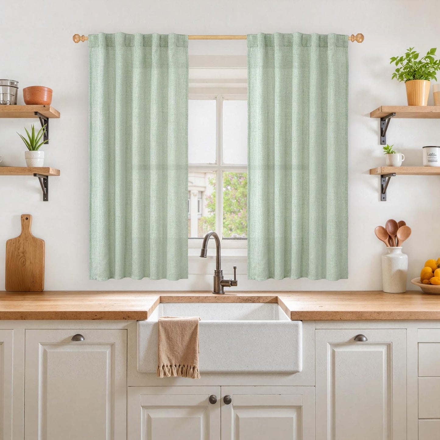 YoungsTex Sage Green Linen Semi Sheer Curtains 45 Inch Length for Kitchen Window, Light Filtering Short Drapes with Rod Pocket Back Tab for Bathroom Bedroom, 2 Panels, 42 X 45 Inch