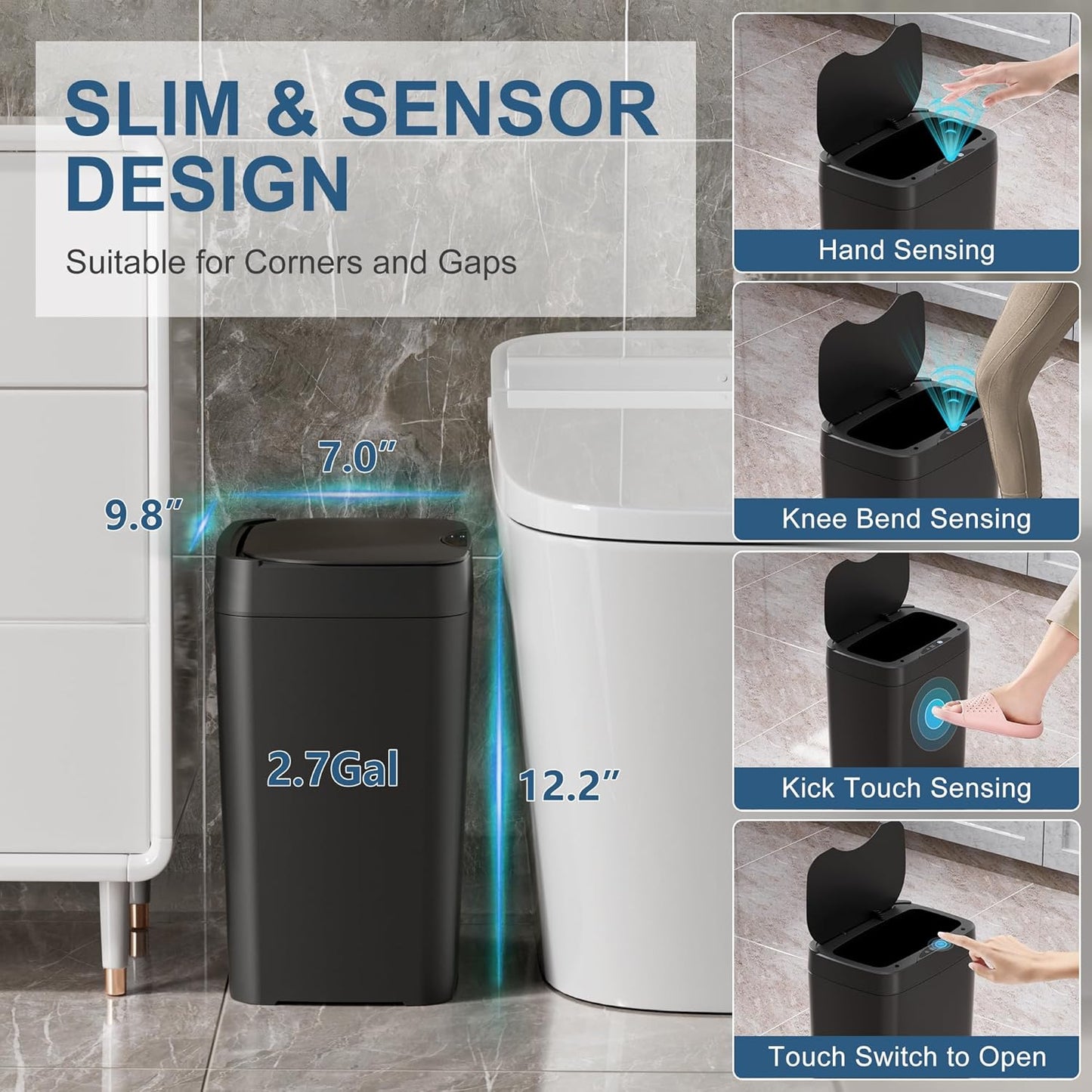 2 Pack 2.7 Gal Bathroom Trash Can with Lid, Automatic Trash Can Small Smart Garbage Can Touchless, Slim Motion Sensor Waterproof Plastic Trash Bins for Bedroom Office Kitchen Toilet Black