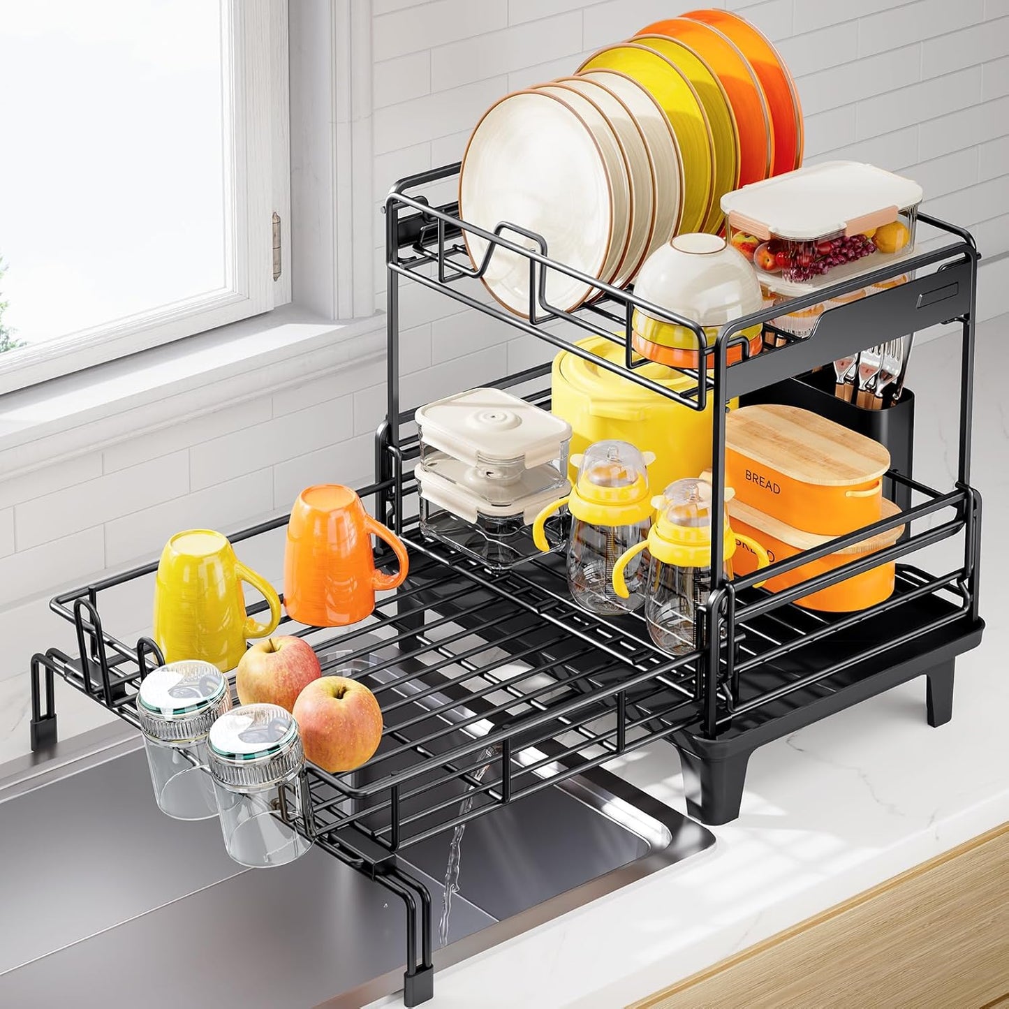 Dish Drying Rack - Extendable Dish Drainer, Large Dish Rack for Kitchen Counter, Rustproof Dish Strainer with Utensil Holder and Cups Holder, 2 Tier Black