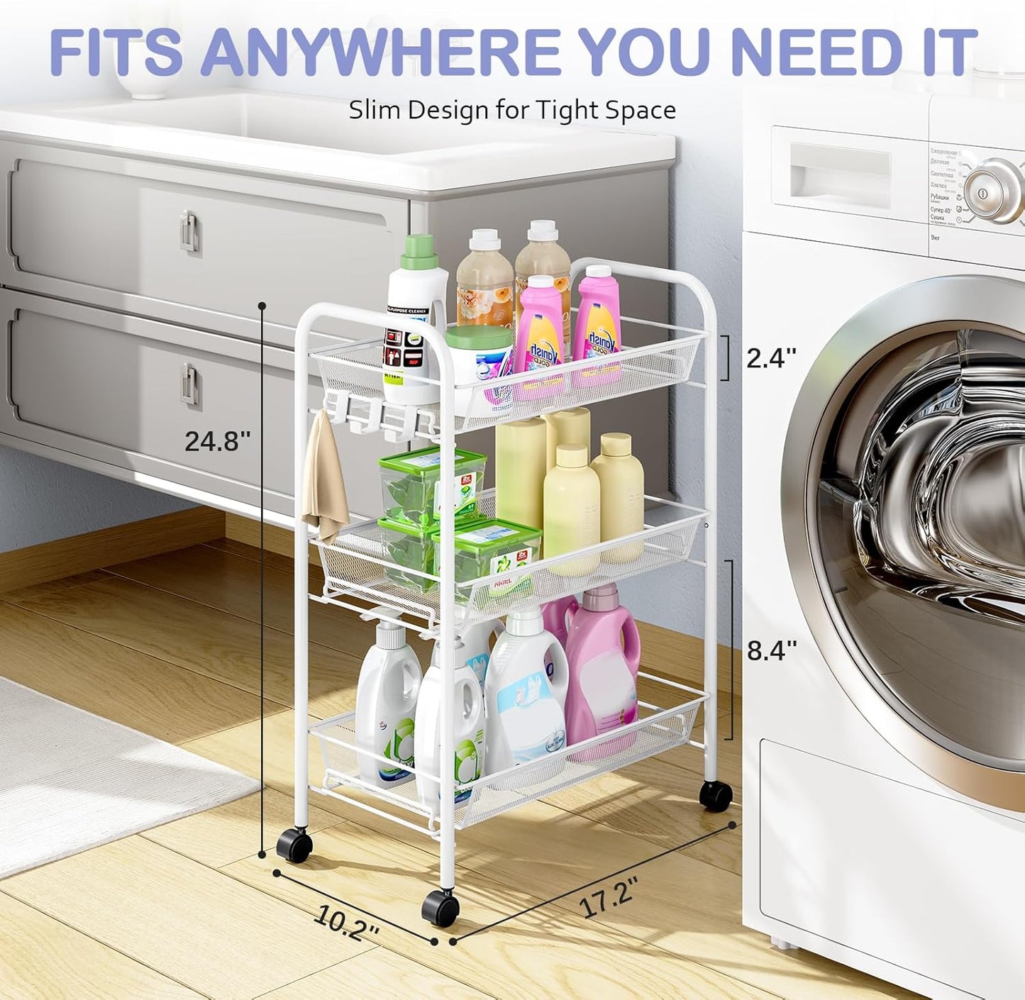 TOOLF 3-Tier Metal Rolling Cart, Mesh Wire Easy Assemble Utility Cart, Storage Trolley on Wheels with 3 Hooks, MetalStorage Shelving Units for Kitchen Bathroom Laundry Room