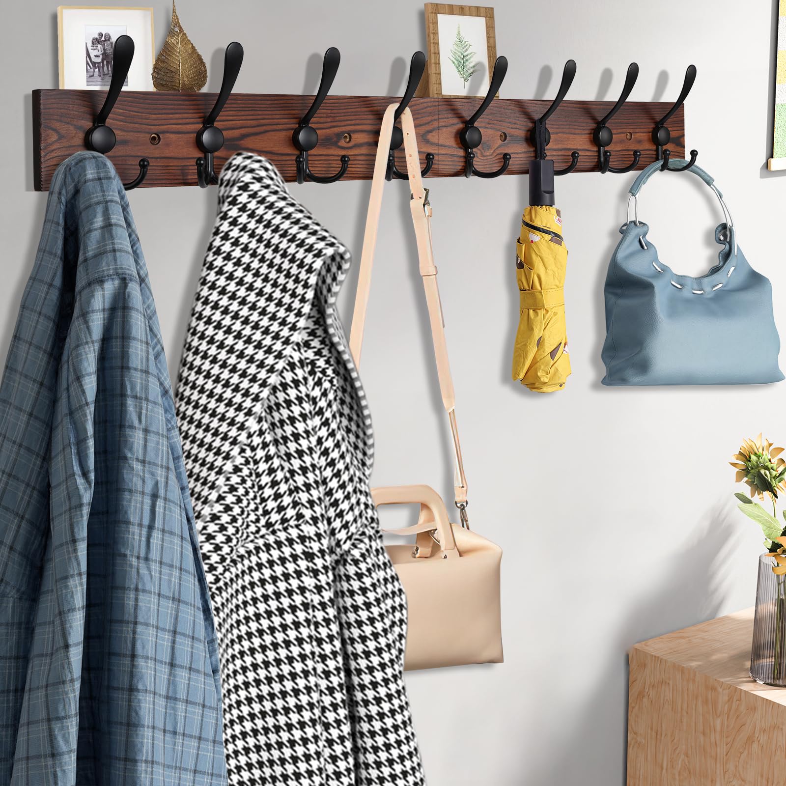 Kuhome 32.2'' Large Coat Rack Wall Mount Coat Hooks Coat Hanger with 8 Metal Black Triple- Hooks