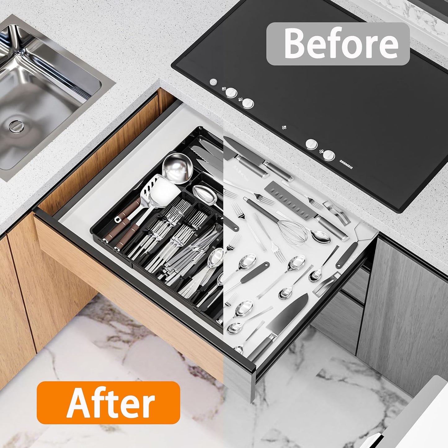 Silverware Drawer Organizer, Expandable Utensil Tray for Kitchen Drawers, BPA Free Flatware and Cutlery Holder, Adjustable Plastic Storage for Utensil like Spoons, Forks, Knives.Black