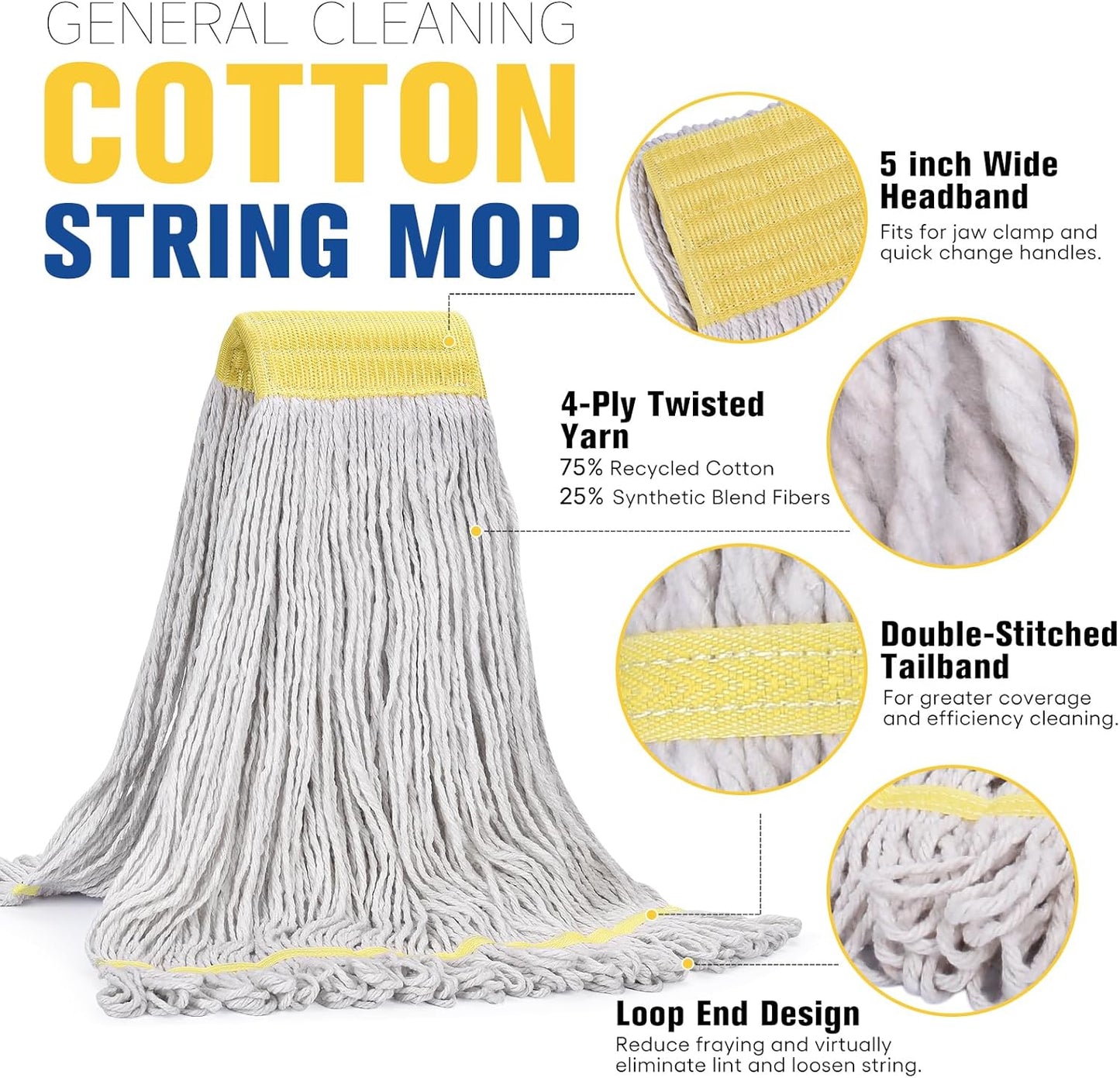 Matthew Cleaning Commercial Mop Head Replacement, 5 Inch Wide Headband, Looped End Cotton Blend String Wet Mops for Floor Cleaning, 24 oz Large, 6-Pack White