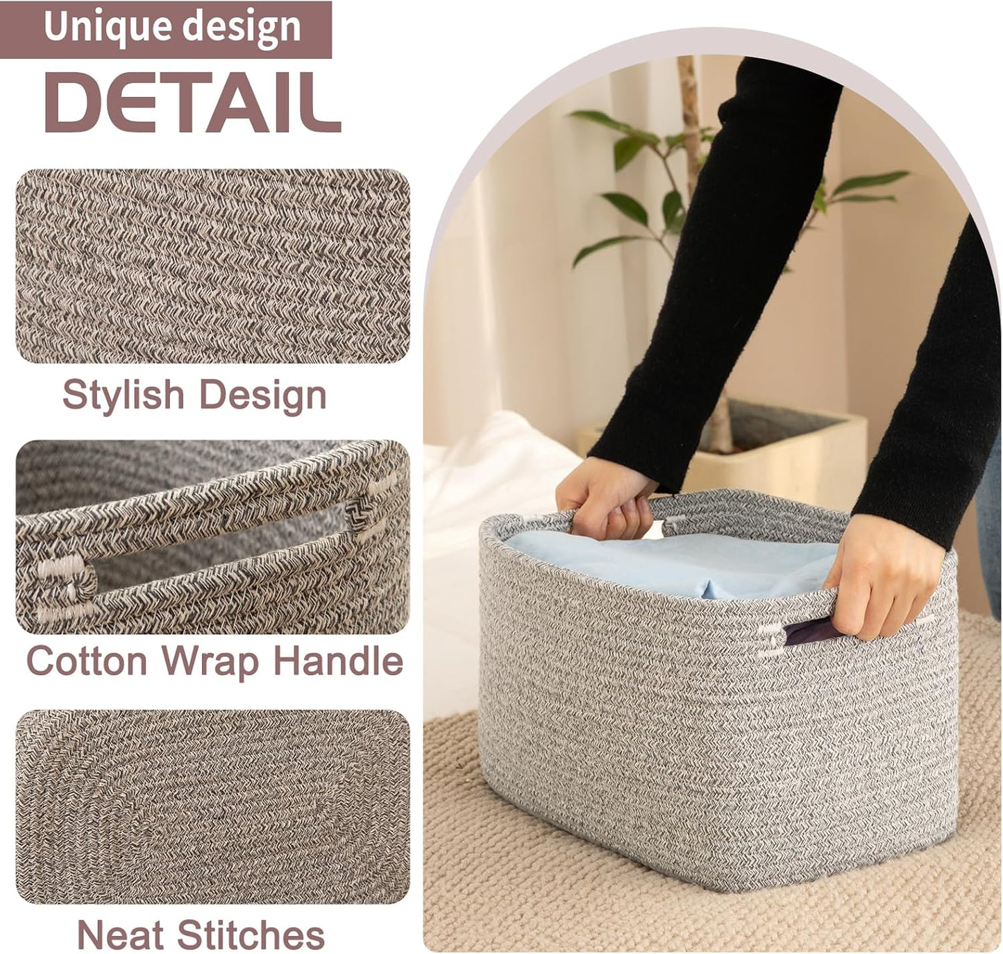 OIAHOMY 4 Pack Storage Baskets for Organizing, Cube Storage Bins for Shelves, Rectangle Storage Baskets With Handles, Woven Baskets for Storage, 12.7''Lx9''Wx7.8''H, Grey