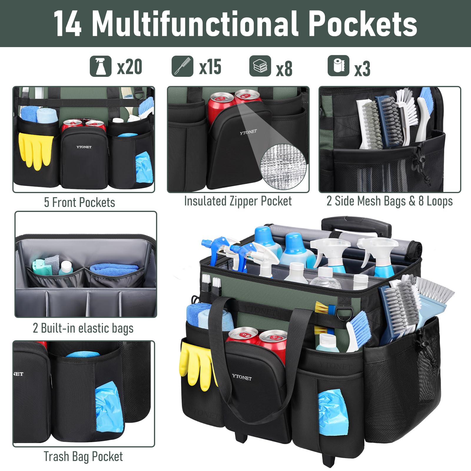 Ytonet Cleaning Caddy with Wheels, Extra Large Rolling Cleaning Caddy Bag