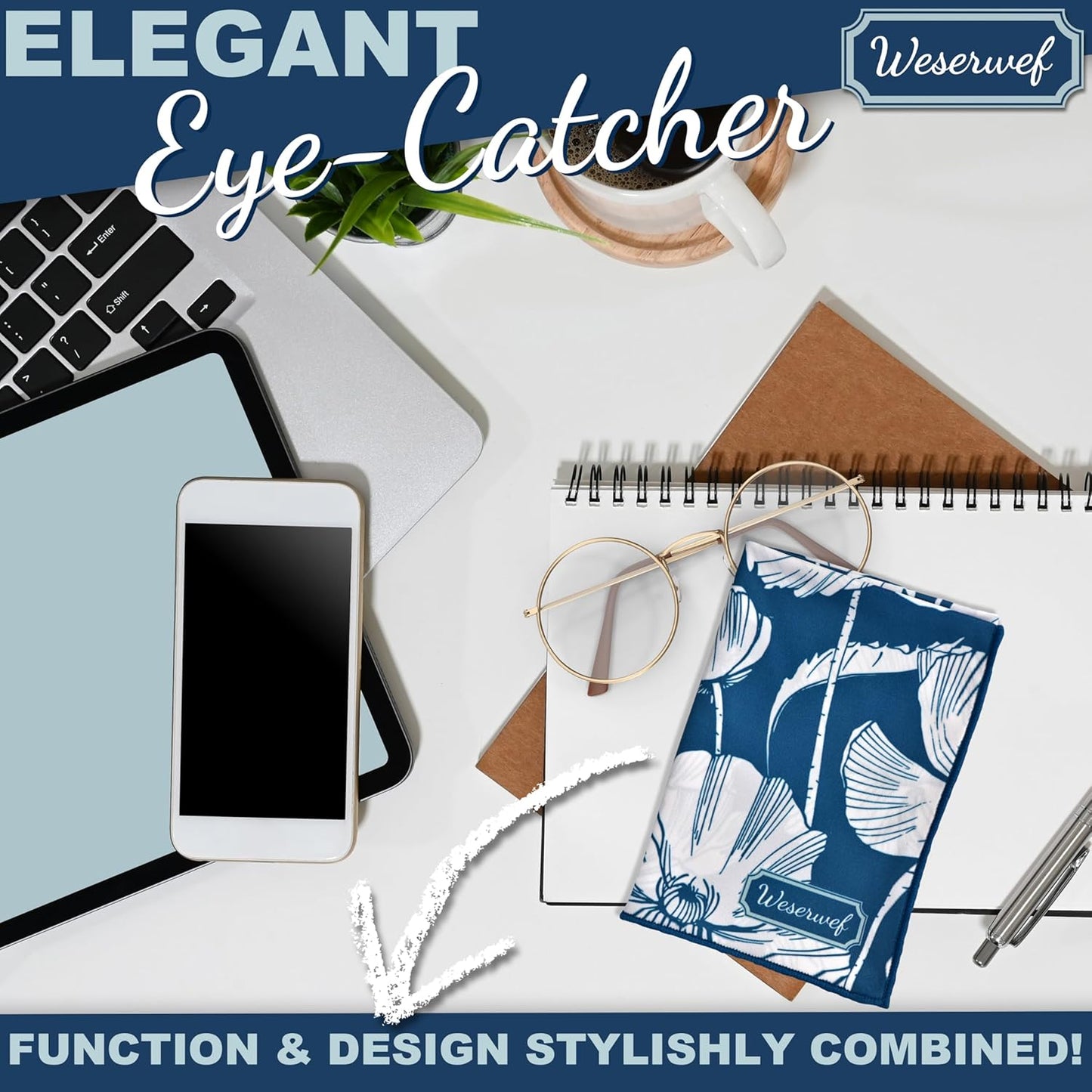 WESERWEF Design Microfiber Glasses Cleaning Cloth – Premium Cleaning Cloth for Eyeglasses, Screens, Tablets, Cameras & Lenses, 12" x 12", Ultra-Soft & Scratch-Free (Blue Poppies)