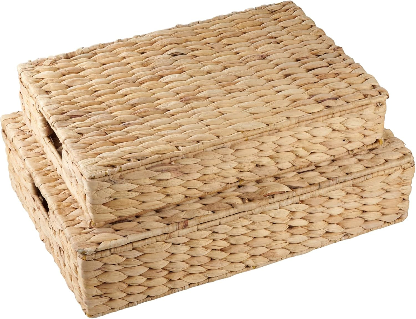 Set of 2 Wicker Baskets with Lid for Organizing - Decorative Storage Boxes With Lids for Home Decor, Shelves - Organic Modern Home Decor - Remote Box - Coffee Table Basket