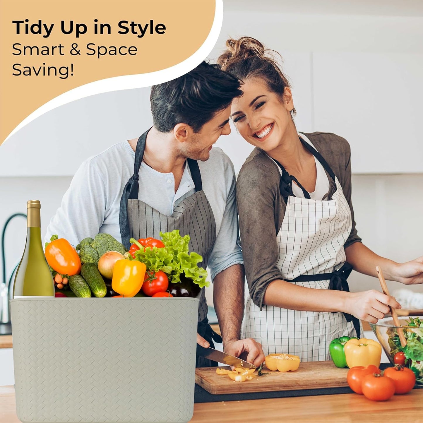 Storage Bins with Bamboo Lid – Stackable, Multi-Purpose Organizers for Pantry, Closet, Kitchen, and Home – Elegant Wicker-Style Design with Ergonomic Handles (Cream)