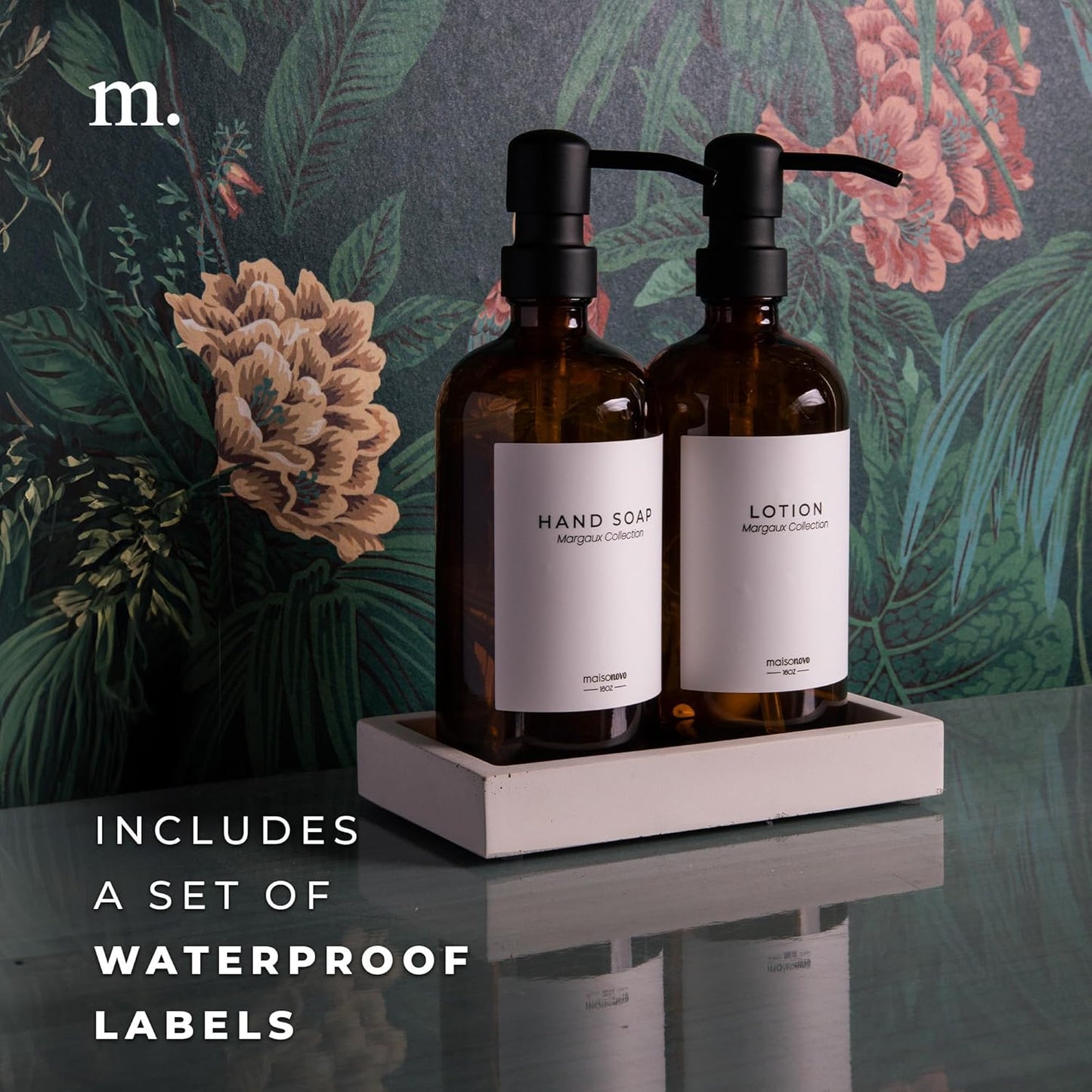 MaisoNovo Soap Dispenser 3-Piece Set | 16.9oz Amber Bottles with Black Stainless Steel Pumps