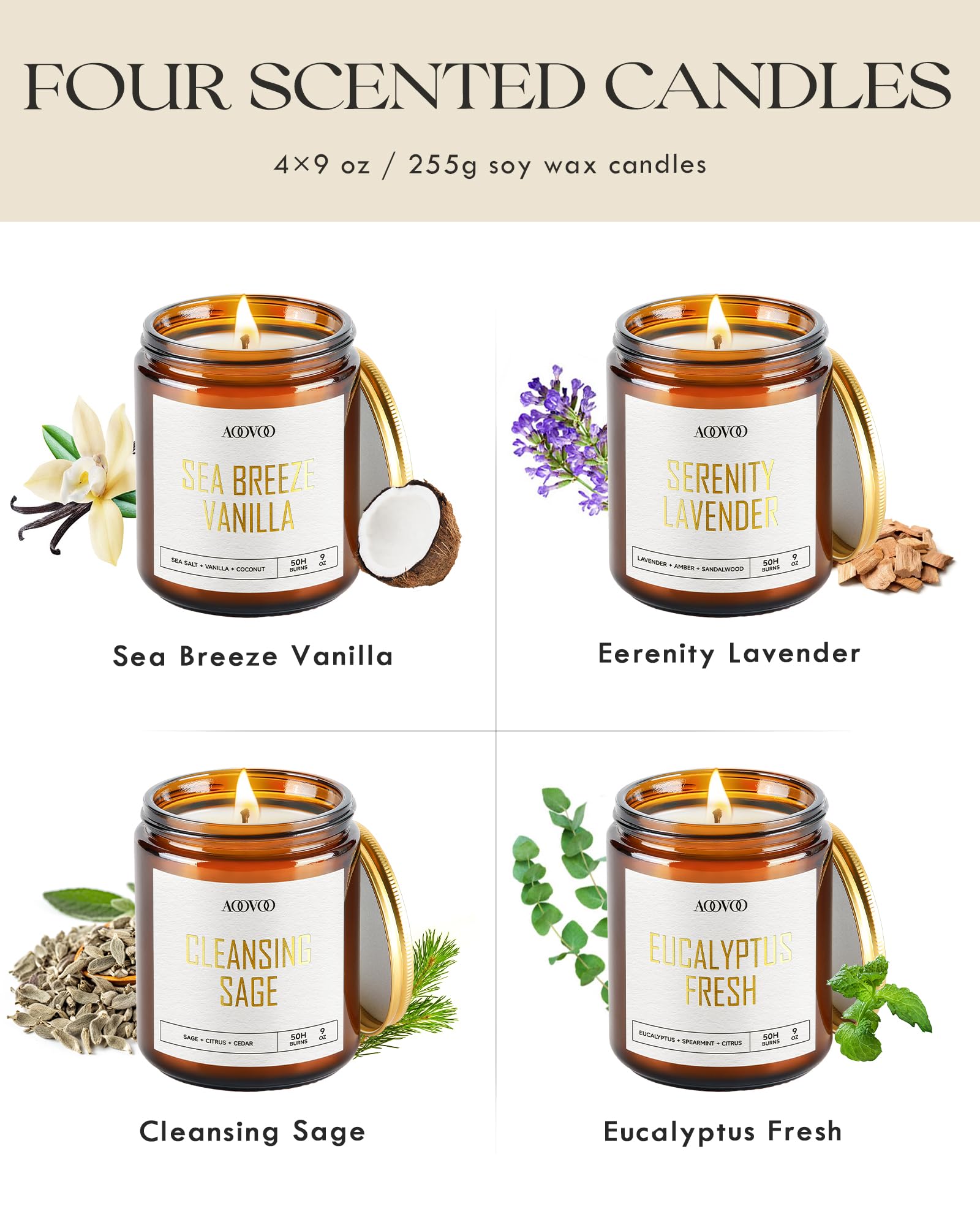 AOOVOO Scented Candles - 4PC Candle Set, 36 oz Soy Candles
