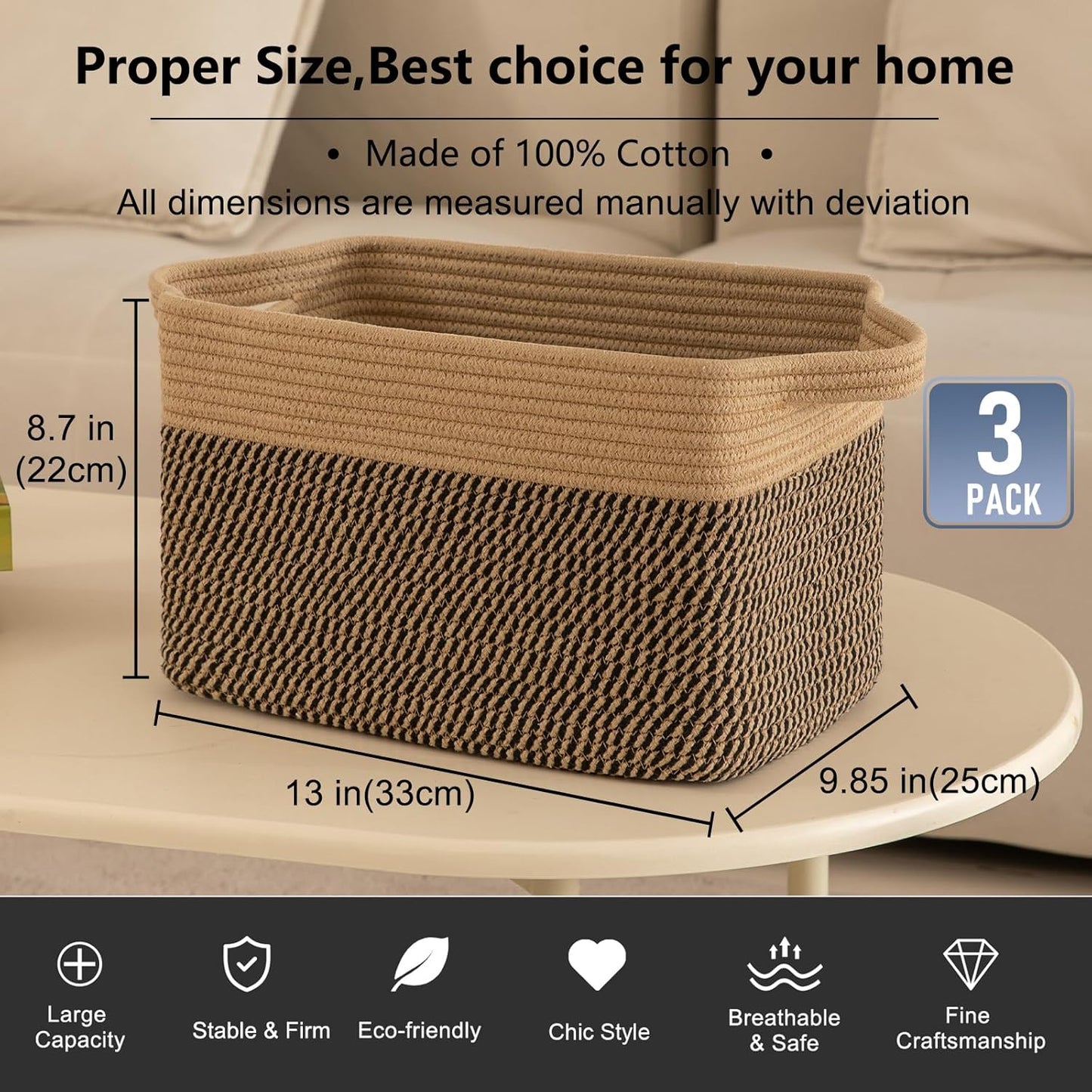 OIAHOMY 3 Pack Storage Basket for Organizing, 13''X9.85''X8.7'' Storage Bins,Woven Basket Basket with Handles, Toy Storage Basket Bin,Stylish Room Decor Basket, Brown & Black