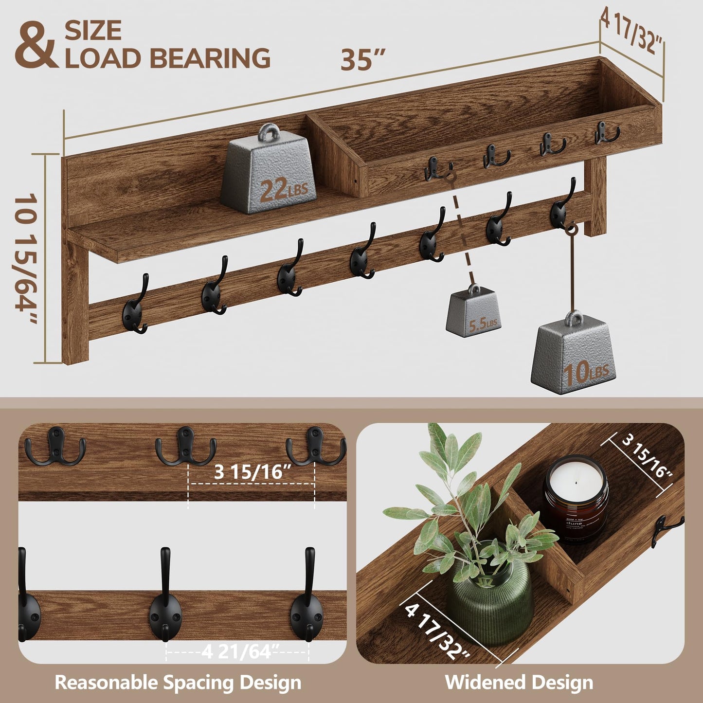 AMBIRD Coat Rack Wall Mount, 35 inch Large Wall Hooks with Shelf, Entryway Shelf with 7 Dual Coat