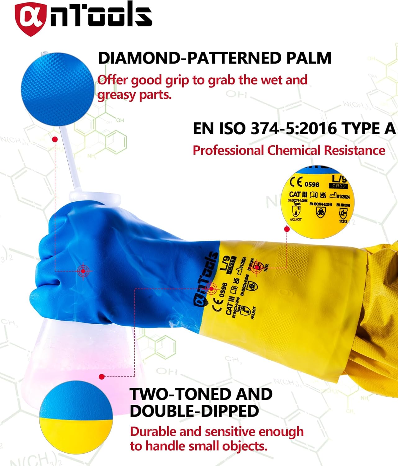 2 Pairs Neoprene and Rubber Blend Heavy-Duty Chemical Gloves, Protective industrial gloves for Resist Acid, Alkali, Hazmat, cleaning, dishwashing, Large