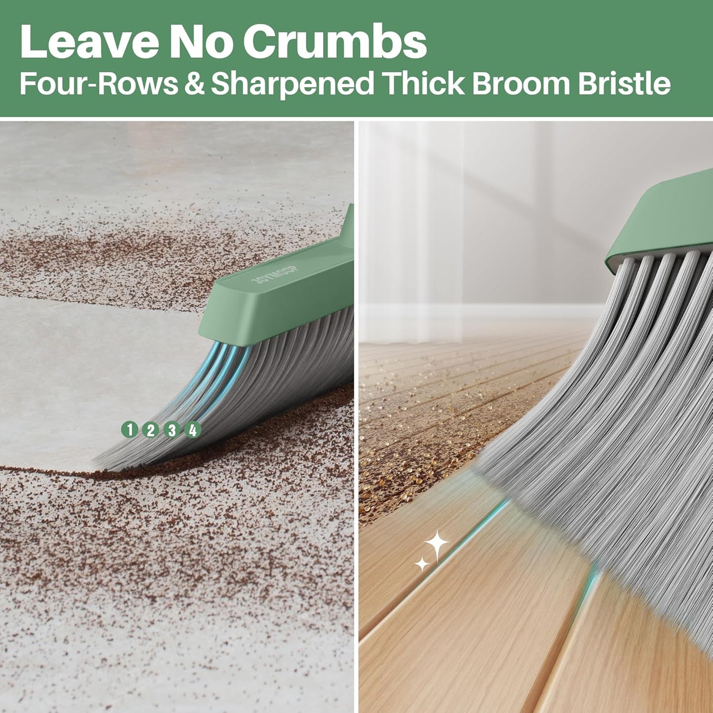 JOYMOOP Dark Teal Green Broom and Dustpan Set with 56” Handle, Upright Angle with Comb Teeth for Pet Hair and Hardwood Floors