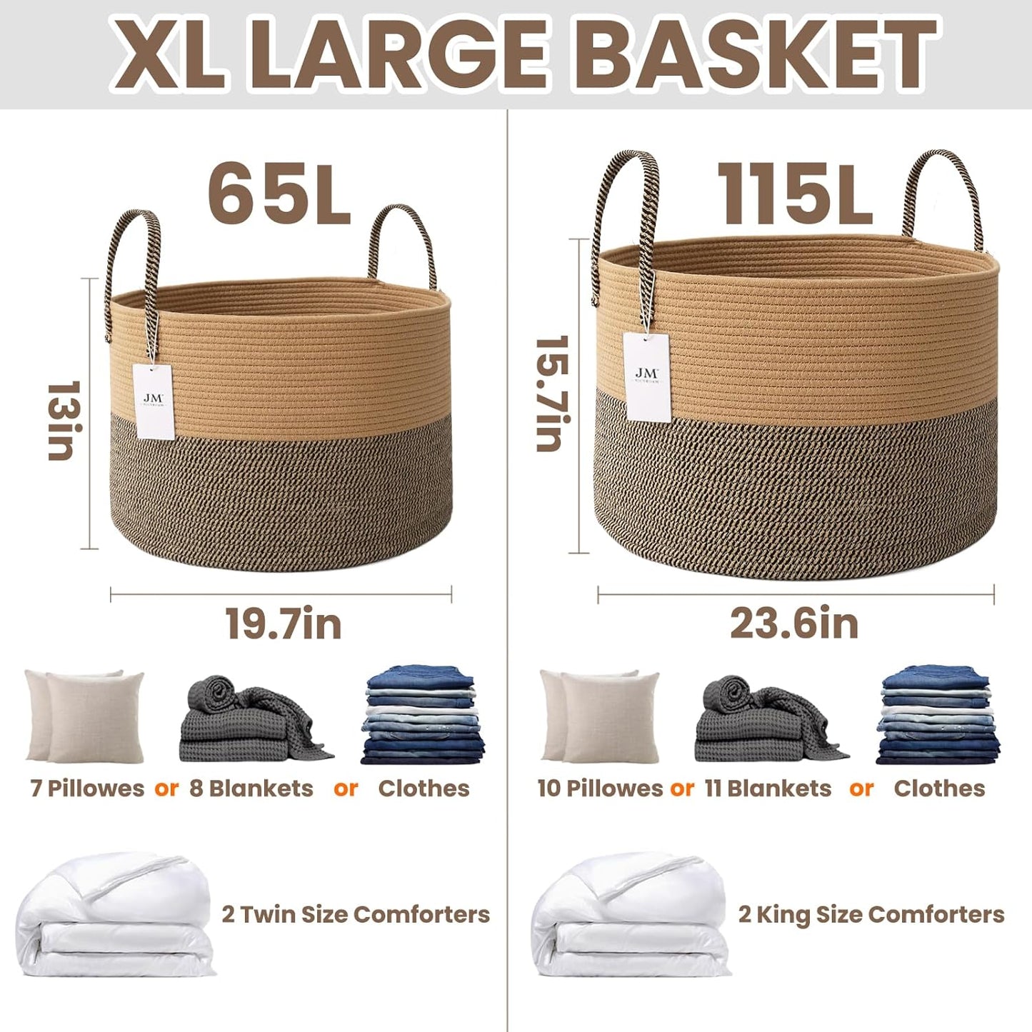 Woven Blanket Basket,65L Large Rope Storage Bin with Handles, Organizer for Blankets Toys Book and Clothes, Laundry Basket for Living Room Bedroom Nursery,Jute&Black