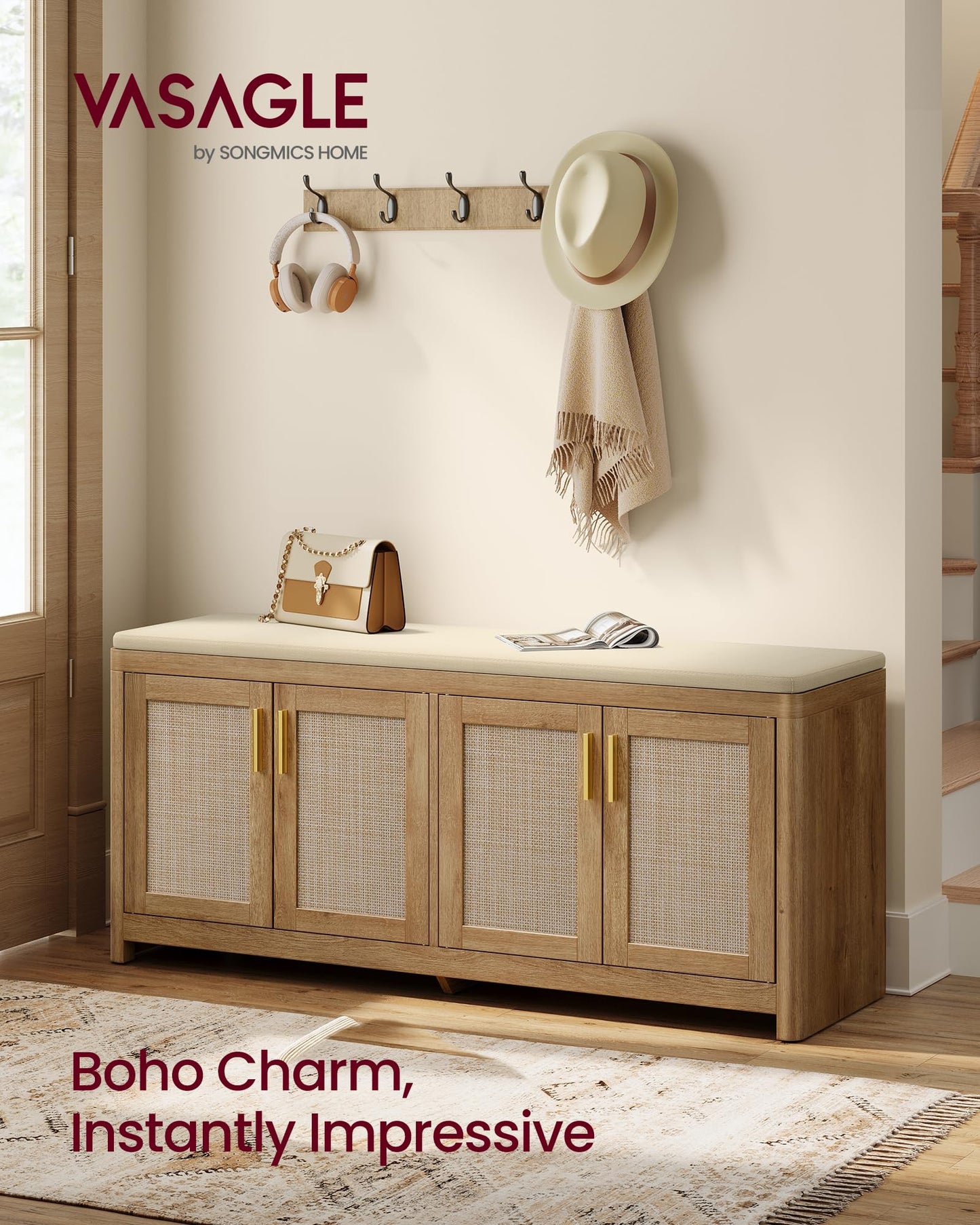 VASAGLE ELLAN Collection - Boho Shoe Bench with Cushion, Entryway Storage Bench with 4 Rattan-Look