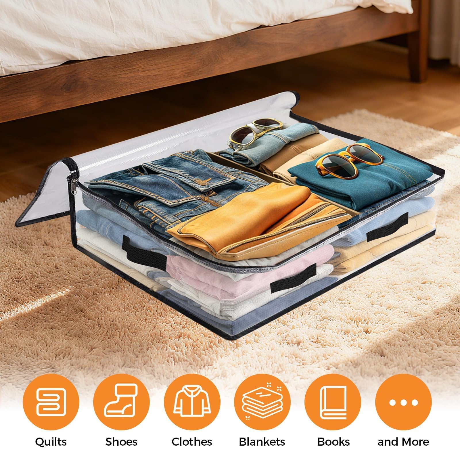 6 Pack Under Bed Storage Bags, 60L Foldable Clear Containers with Handles