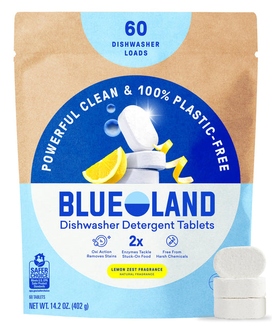 BLUELAND 100% Plastic-Free Dishwasher Detergent Tablets, 60ct, Lemon Zest