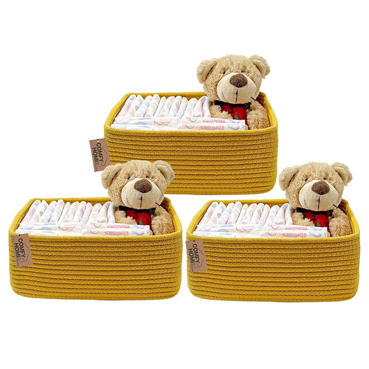 COMFY-HOMI 11.5"x7.5"x4.7" Storage Baskets for Organizing | Cotton Rope Woven Basket | Toy Storage Bin Box | Basket for Shelves, Closet Organizer Bin, Decorative Closet Shelf, 3 Pack, Yellow