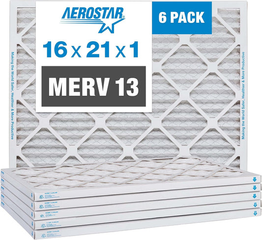 Aerostar 16x21x1 MERV 13 Pleated Air Filter, AC Furnace Air Filter, 6 Pack (Actual Size: 15 7/8" x