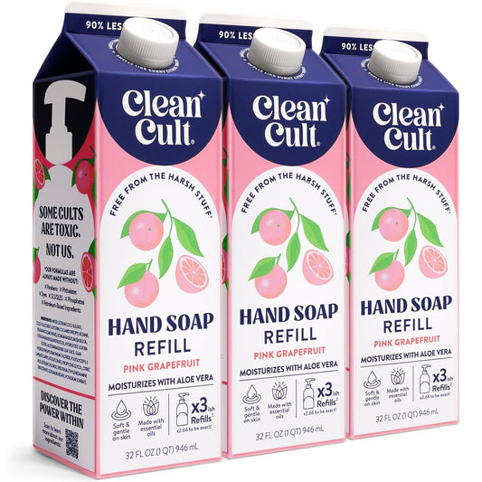 Cleancult Liquid Hand Soap Refill - Pink Grapefruit- Moisturizes Dry & Sensitive Skin - Made with Aloe Vera & Essential Oils - Eco Friendly - Paper-Based Packaging - 32 oz/3 Pack