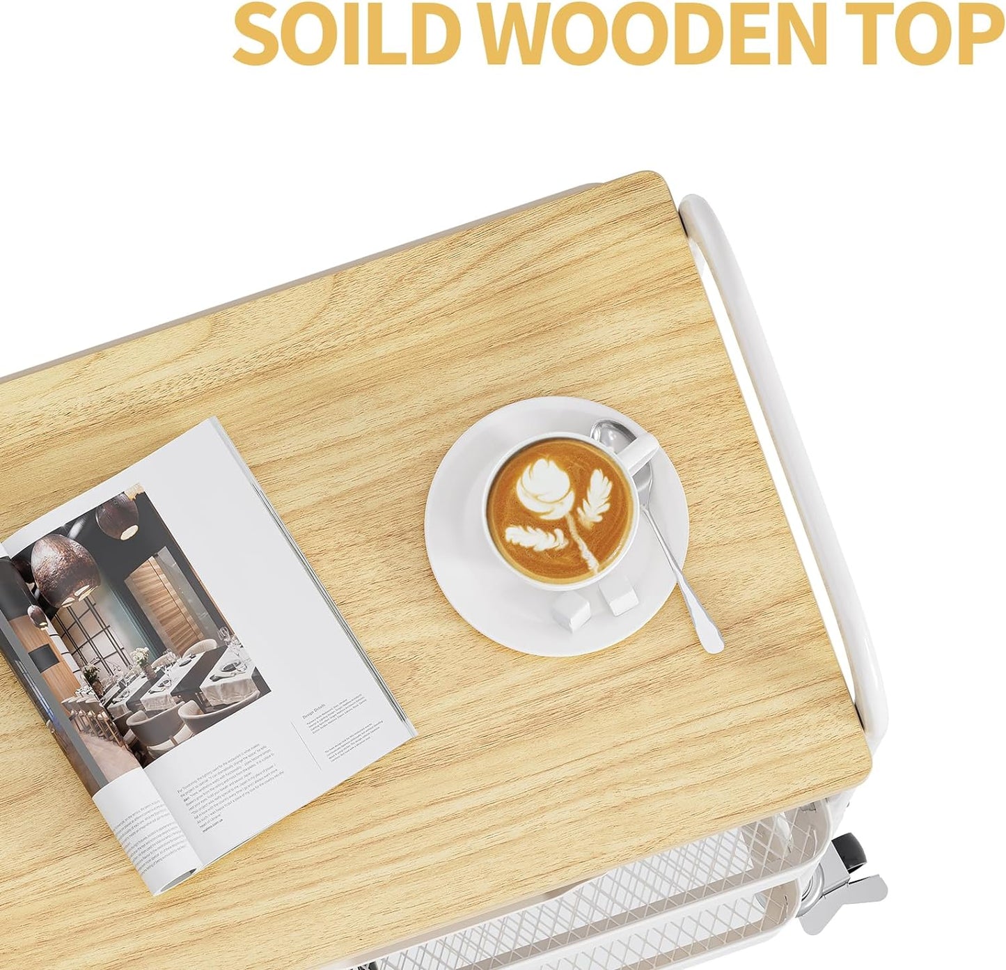 TOOLF 3-Tier Metal Utility Rolling Cart with Drawer and Wooden Table Top, Storage Cart White Trolley Kitchen Organizer Rolling Desk with Locking Wheels for Office, Classroom, Home, Bedroom